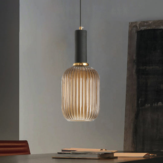 Modernist Black/Gold Pendant Lamp With Ribbed Glass - 1 Light Grey/Green/Amber Stylish Ceiling