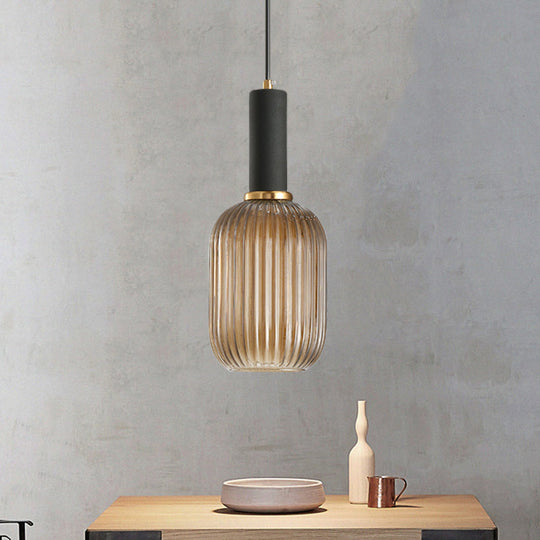 Modernist Black/Gold Pendant Lamp With Ribbed Glass - 1 Light Grey/Green/Amber Stylish Ceiling