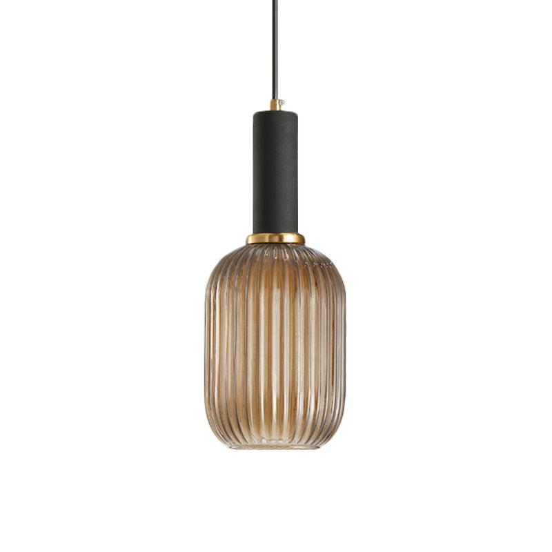 Modernist Black/Gold Pendant Lamp With Ribbed Glass - 1 Light Grey/Green/Amber Stylish Ceiling