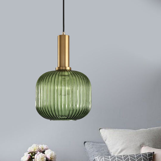 Modernist Black/Gold Pendant Lamp With Ribbed Glass - 1 Light Grey/Green/Amber Stylish Ceiling