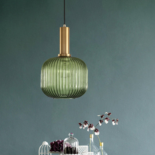 Modernist Black/Gold Pendant Lamp With Ribbed Glass - 1 Light Grey/Green/Amber Stylish Ceiling