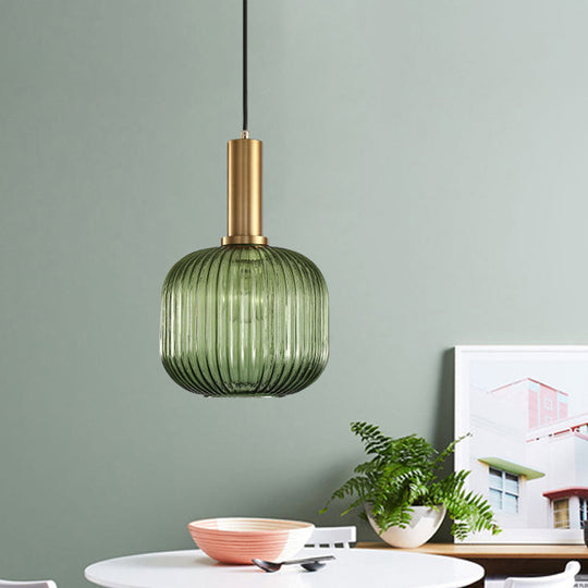 Modernist Black/Gold Pendant Lamp With Ribbed Glass - 1 Light Grey/Green/Amber Stylish Ceiling