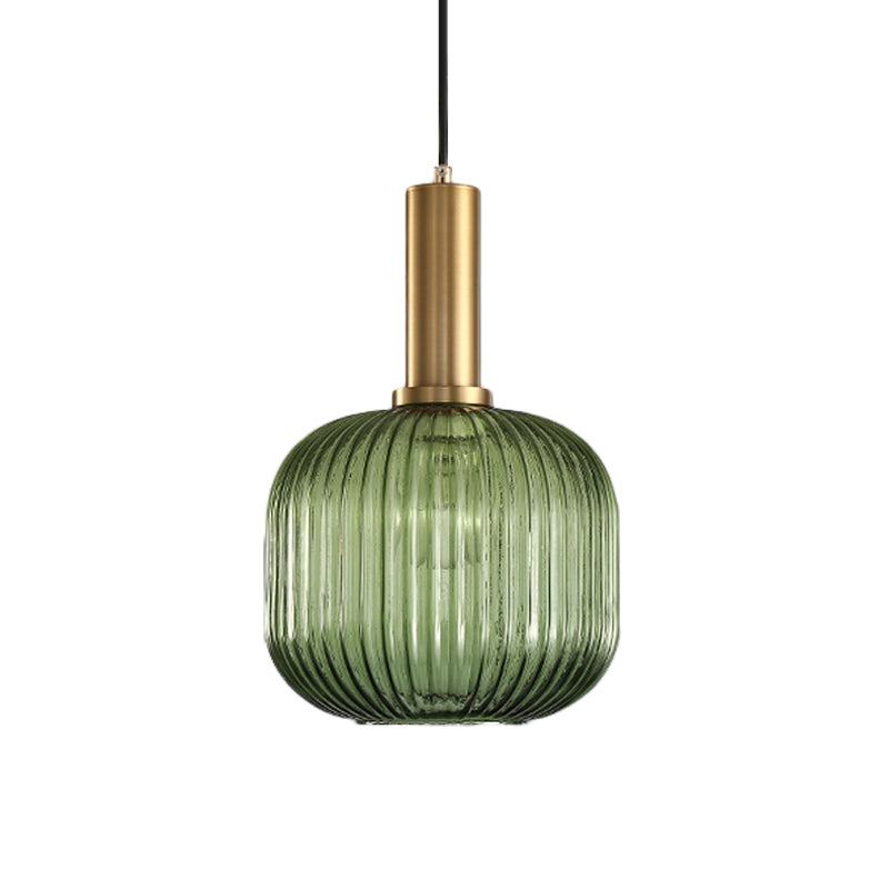 Modernist Black/Gold Pendant Lamp With Ribbed Glass - 1 Light Grey/Green/Amber Stylish Ceiling