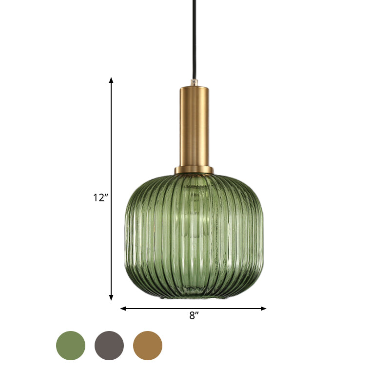 Modernist Black/Gold Pendant Lamp With Ribbed Glass - 1 Light Grey/Green/Amber Stylish Ceiling