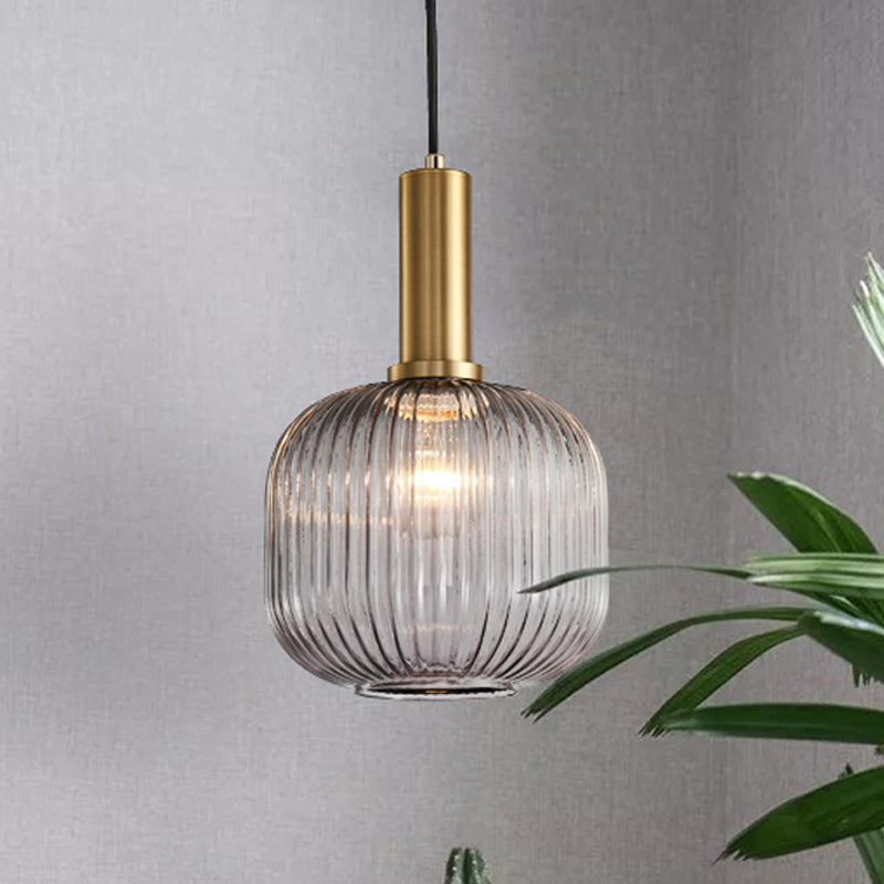 Modernist Black/Gold Pendant Lamp With Ribbed Glass - 1 Light Grey/Green/Amber Stylish Ceiling