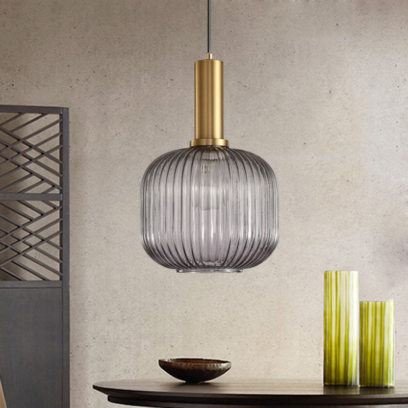 Modernist Black/Gold Pendant Lamp With Ribbed Glass - 1 Light Grey/Green/Amber Stylish Ceiling