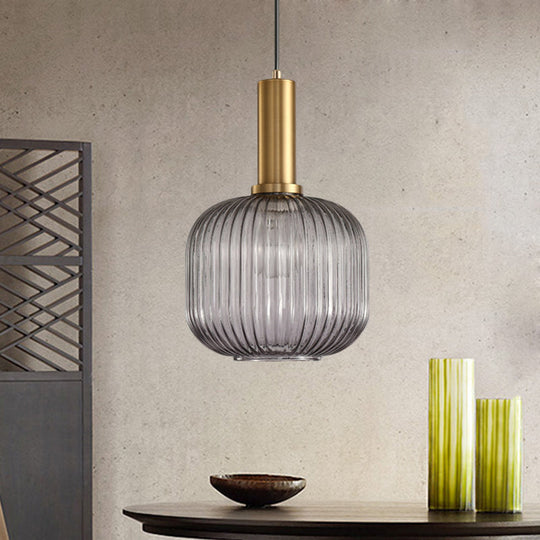 Modernist Black/Gold Pendant Lamp With Ribbed Glass - 1 Light Grey/Green/Amber Stylish Ceiling