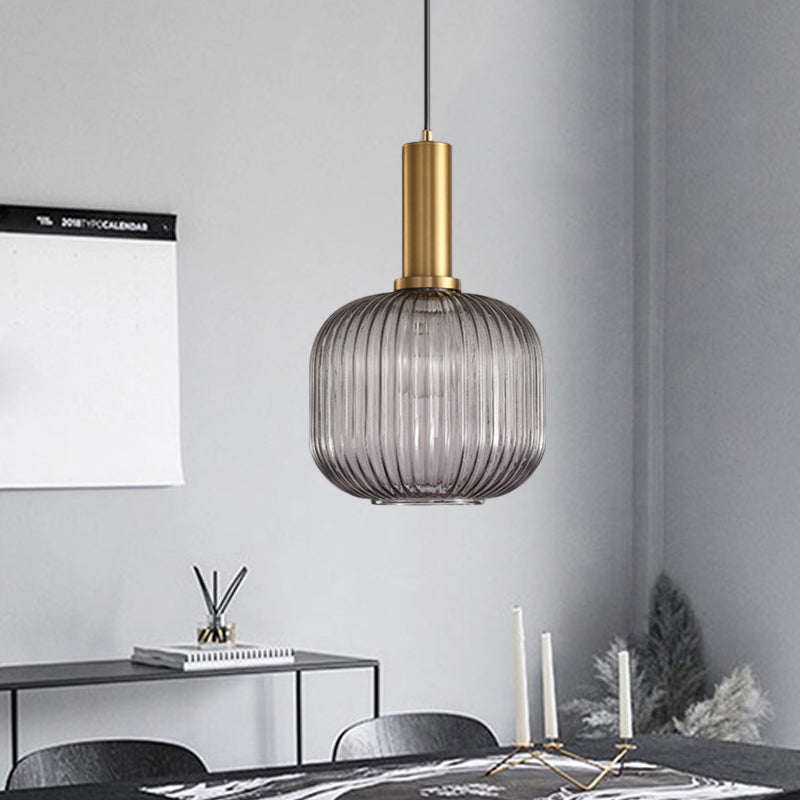 Modernist Black/Gold Pendant Lamp With Ribbed Glass - 1 Light Grey/Green/Amber Stylish Ceiling