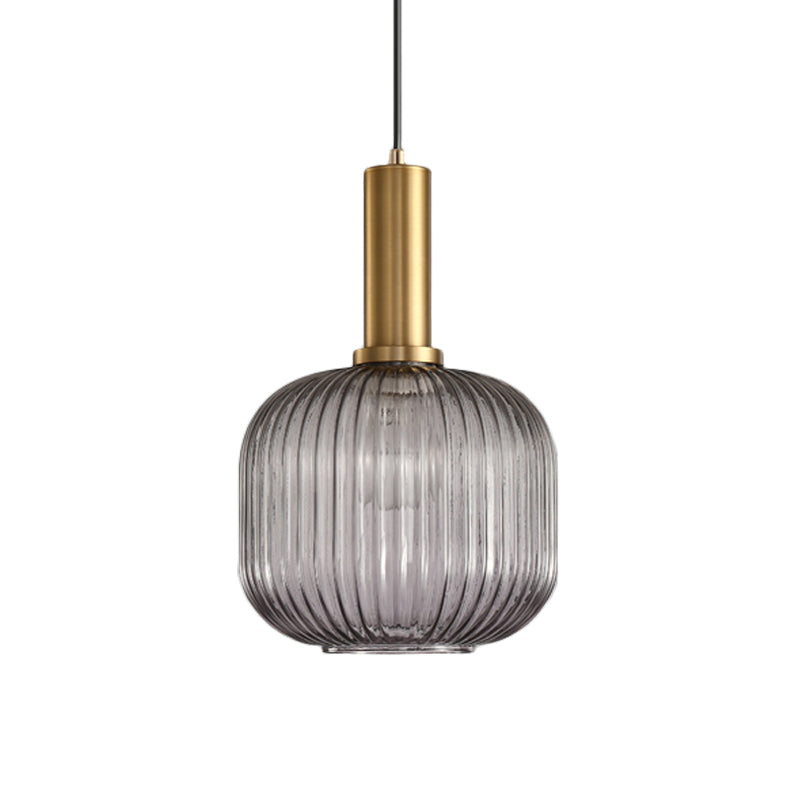 Modernist Black/Gold Pendant Lamp With Ribbed Glass - 1 Light Grey/Green/Amber Stylish Ceiling