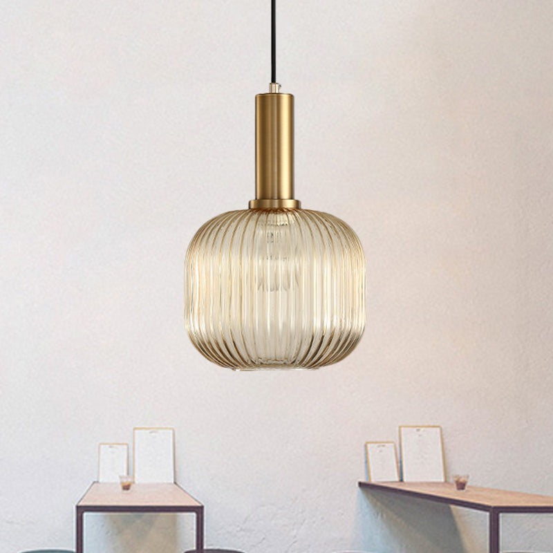 Modernist Black/Gold Pendant Lamp With Ribbed Glass - 1 Light Grey/Green/Amber Stylish Ceiling