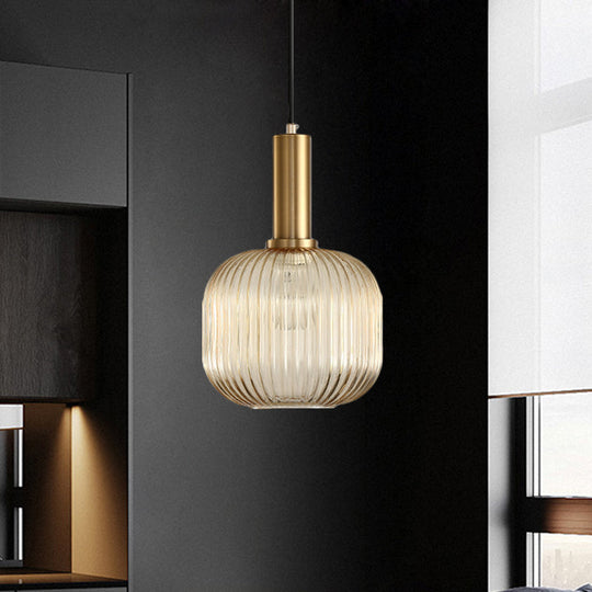 Modernist Black/Gold Pendant Lamp With Ribbed Glass - 1 Light Grey/Green/Amber Stylish Ceiling