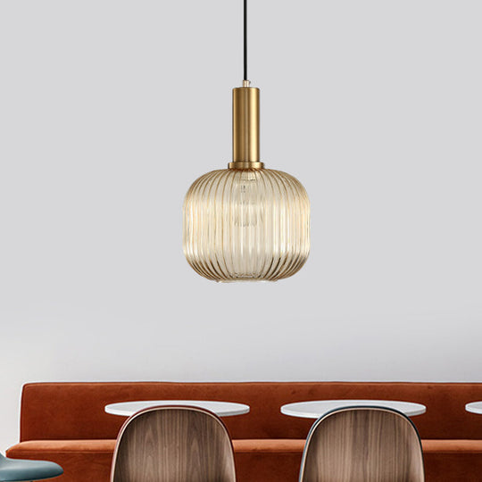 Modernist Black/Gold Pendant Lamp With Ribbed Glass - 1 Light Grey/Green/Amber Stylish Ceiling