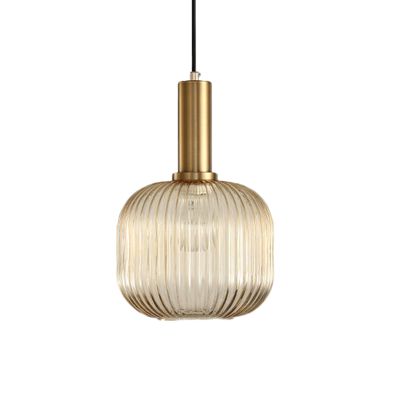 Modernist Black/Gold Pendant Lamp With Ribbed Glass - 1 Light Grey/Green/Amber Stylish Ceiling