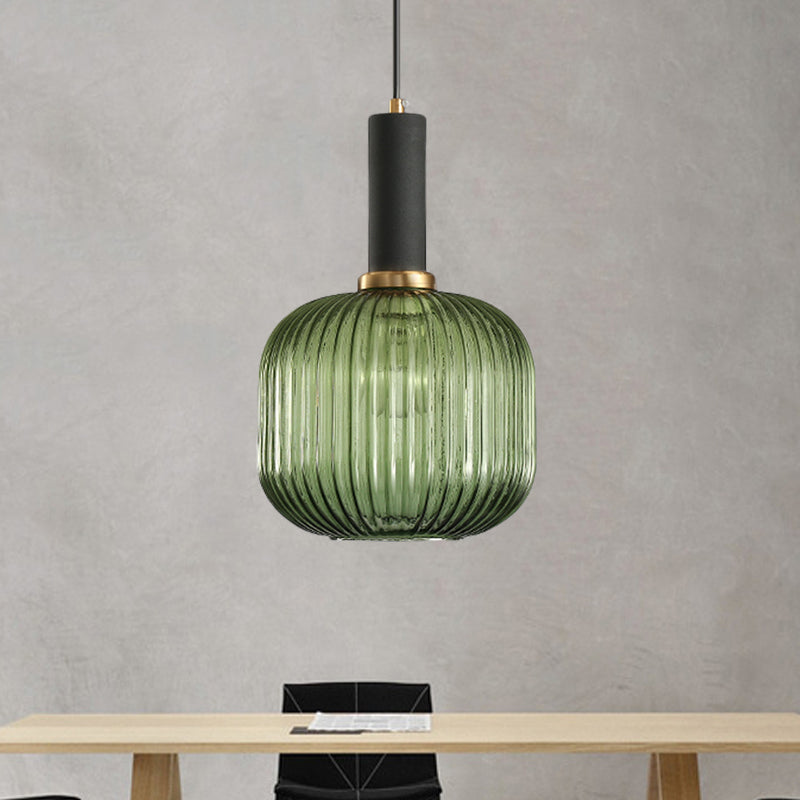 Modernist Black/Gold Pendant Lamp With Ribbed Glass - 1 Light Grey/Green/Amber Stylish Ceiling