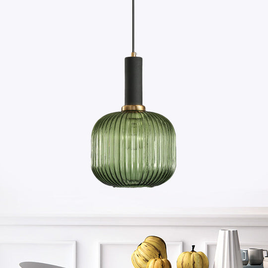 Modernist Black/Gold Pendant Lamp With Ribbed Glass - 1 Light Grey/Green/Amber Stylish Ceiling