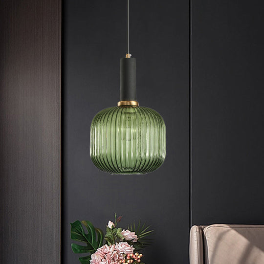 Modernist Black/Gold Pendant Lamp With Ribbed Glass - 1 Light Grey/Green/Amber Stylish Ceiling