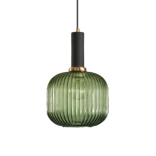 Modernist Black/Gold Pendant Lamp With Ribbed Glass - 1 Light Grey/Green/Amber Stylish Ceiling