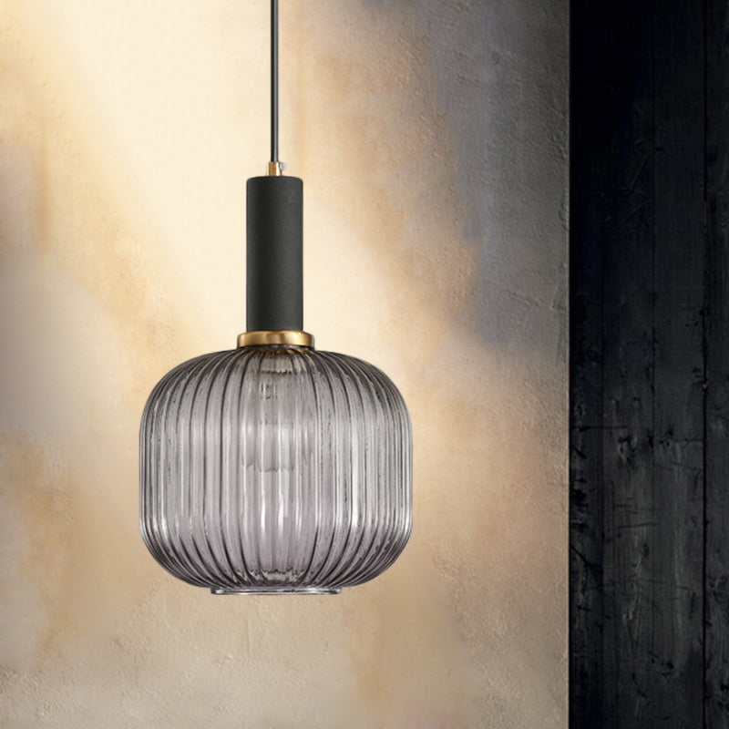 Modernist Black/Gold Pendant Lamp With Ribbed Glass - 1 Light Grey/Green/Amber Stylish Ceiling