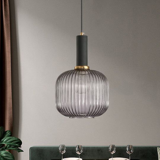 Chloe - Modernist 1 Light Grey/Green/Amber Ribbed Glass Ceiling Pendant Lamp