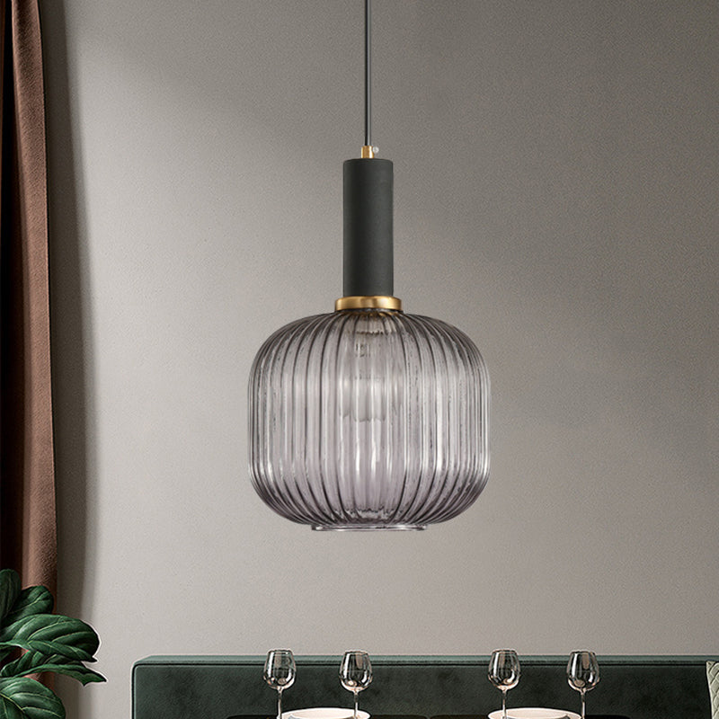 Modernist Black/Gold Pendant Lamp With Ribbed Glass - 1 Light Grey/Green/Amber Stylish Ceiling