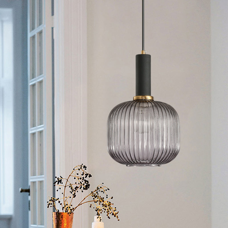 Modernist Black/Gold Pendant Lamp With Ribbed Glass - 1 Light Grey/Green/Amber Stylish Ceiling