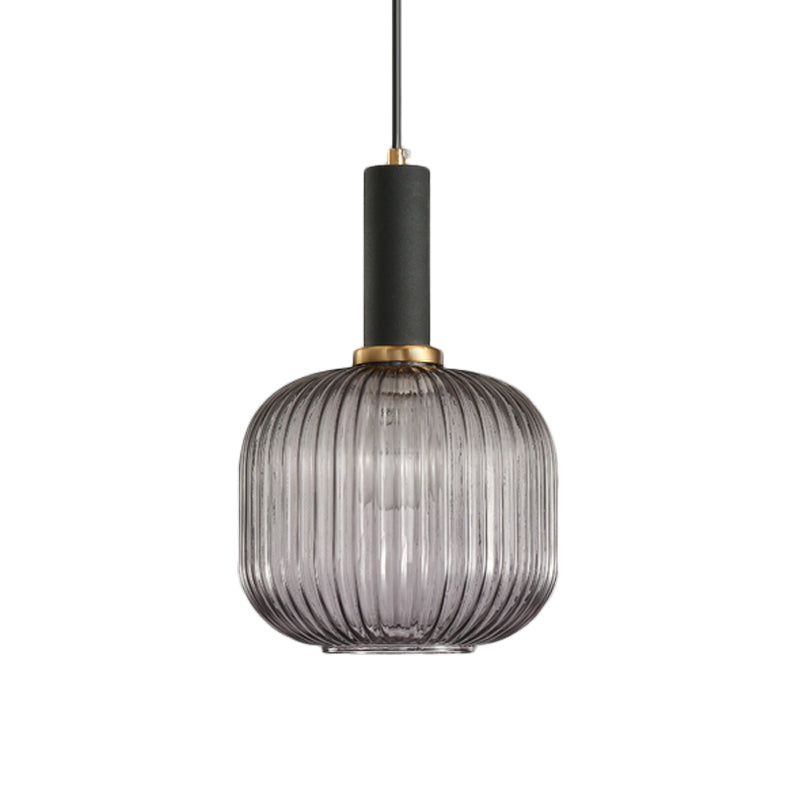 Modernist Black/Gold Pendant Lamp With Ribbed Glass - 1 Light Grey/Green/Amber Stylish Ceiling