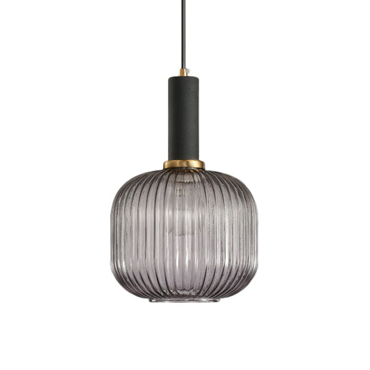 Modernist Black/Gold Pendant Lamp With Ribbed Glass - 1 Light Grey/Green/Amber Stylish Ceiling