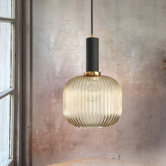 Modernist Black/Gold Pendant Lamp With Ribbed Glass - 1 Light Grey/Green/Amber Stylish Ceiling