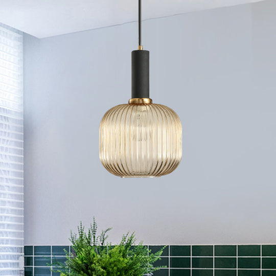 Modernist Black/Gold Pendant Lamp With Ribbed Glass - 1 Light Grey/Green/Amber Stylish Ceiling