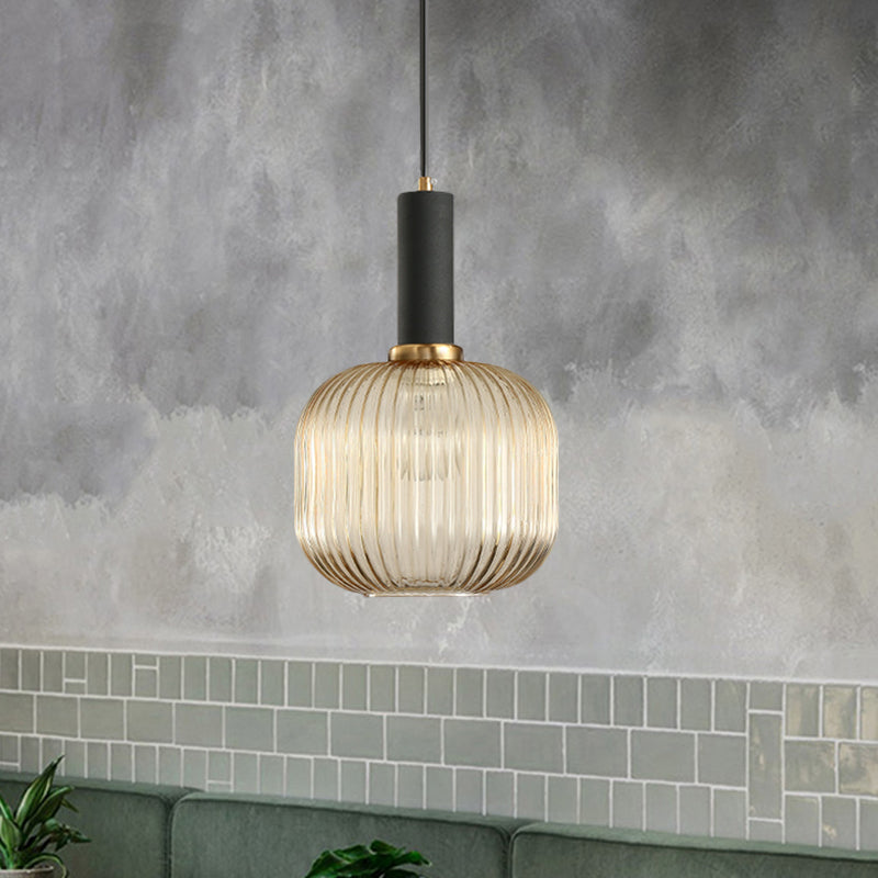 Modernist Black/Gold Pendant Lamp With Ribbed Glass - 1 Light Grey/Green/Amber Stylish Ceiling