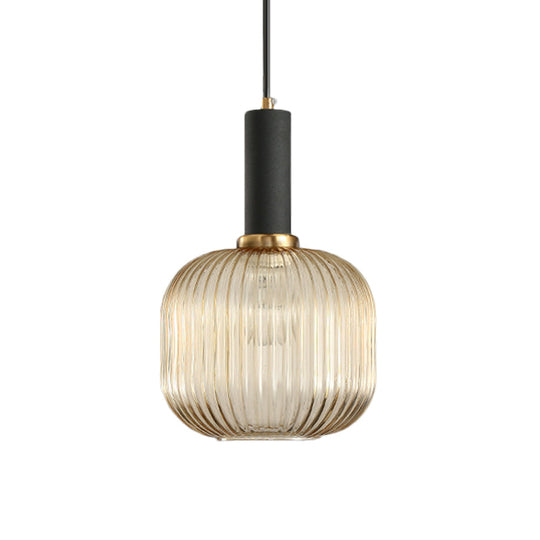 Modernist Black/Gold Pendant Lamp With Ribbed Glass - 1 Light Grey/Green/Amber Stylish Ceiling