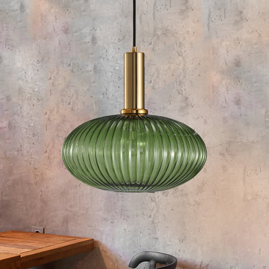 Modernist Black/Gold Pendant Lamp With Ribbed Glass - 1 Light Grey/Green/Amber Stylish Ceiling