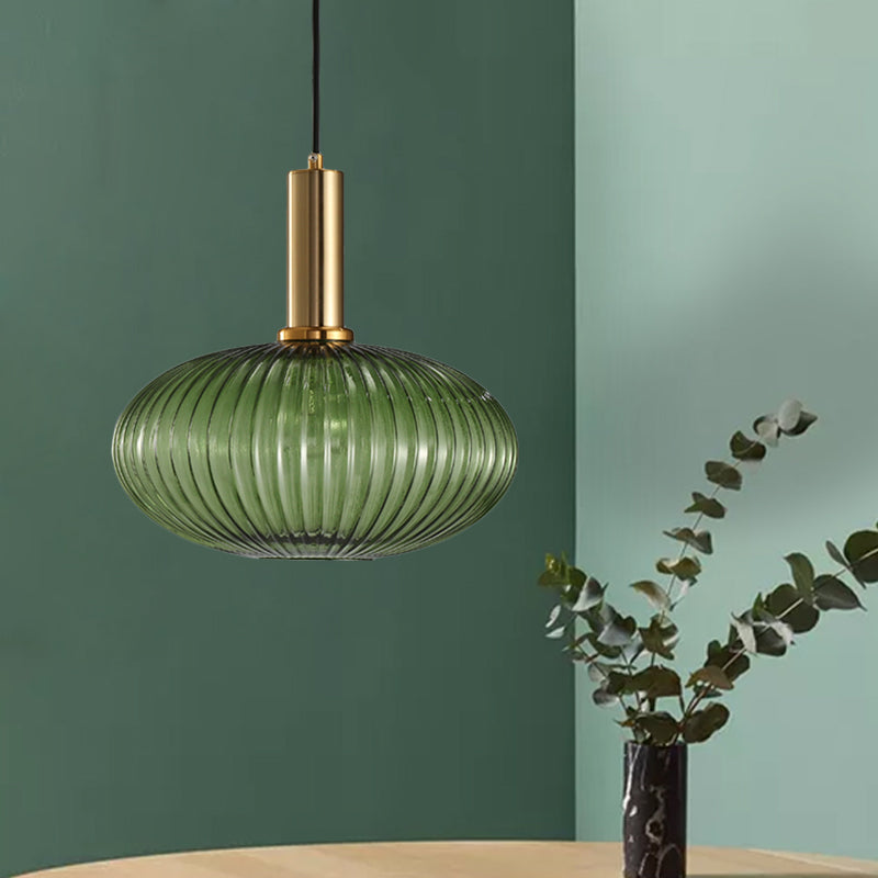 Modernist Black/Gold Pendant Lamp With Ribbed Glass - 1 Light Grey/Green/Amber Stylish Ceiling