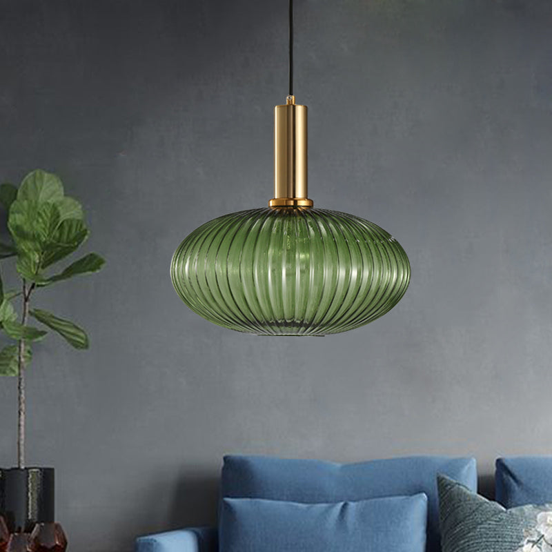 Modernist Black/Gold Pendant Lamp With Ribbed Glass - 1 Light Grey/Green/Amber Stylish Ceiling