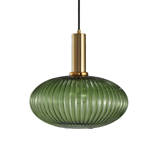 Modernist Black/Gold Pendant Lamp With Ribbed Glass - 1 Light Grey/Green/Amber Stylish Ceiling