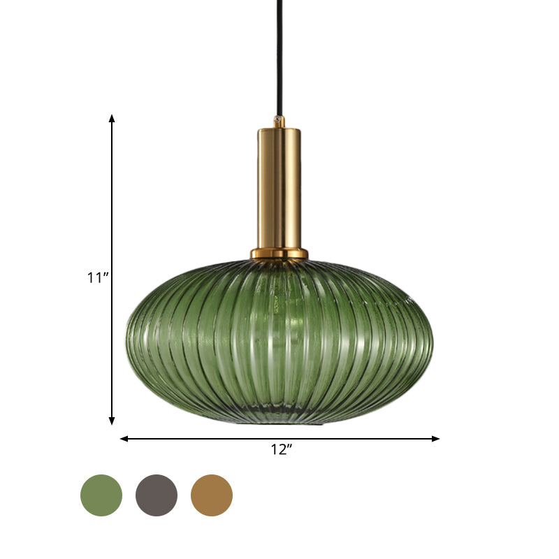 Modernist Black/Gold Pendant Lamp With Ribbed Glass - 1 Light Grey/Green/Amber Stylish Ceiling