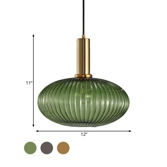 Modernist Black/Gold Pendant Lamp With Ribbed Glass - 1 Light Grey/Green/Amber Stylish Ceiling