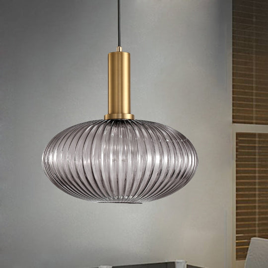 Modernist Black/Gold Pendant Lamp With Ribbed Glass - 1 Light Grey/Green/Amber Stylish Ceiling