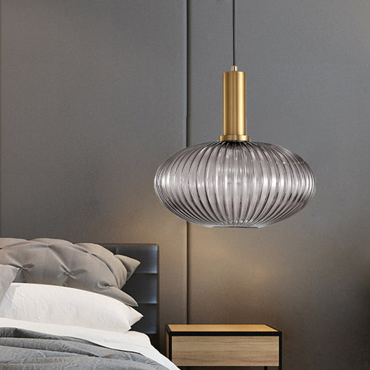 Modernist Black/Gold Pendant Lamp With Ribbed Glass - 1 Light Grey/Green/Amber Stylish Ceiling