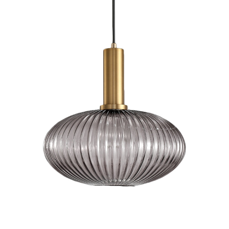 Modernist Black/Gold Pendant Lamp With Ribbed Glass - 1 Light Grey/Green/Amber Stylish Ceiling