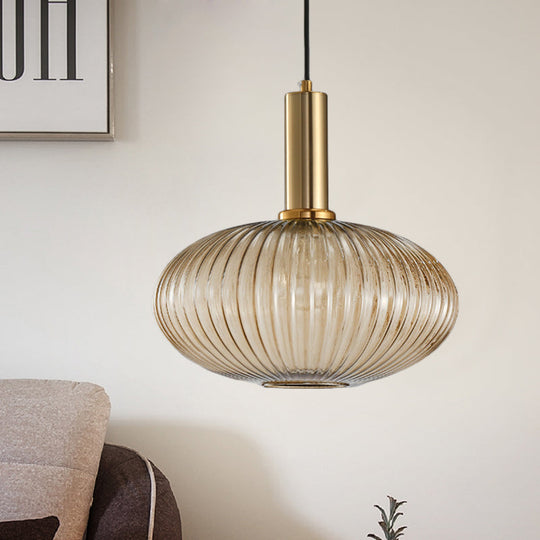 Modernist Black/Gold Pendant Lamp With Ribbed Glass - 1 Light Grey/Green/Amber Stylish Ceiling