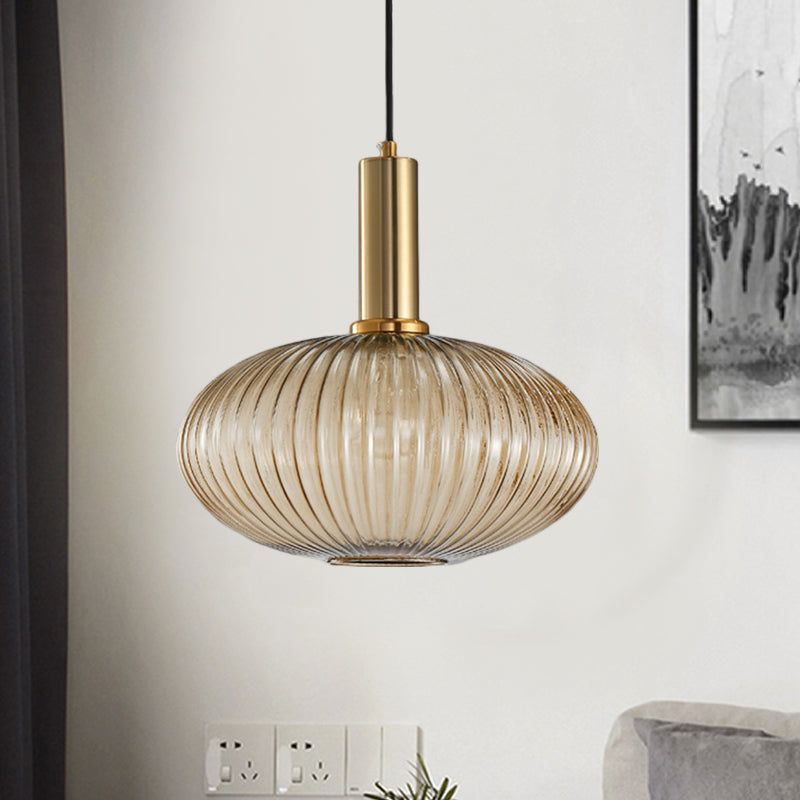 Modernist Black/Gold Pendant Lamp With Ribbed Glass - 1 Light Grey/Green/Amber Stylish Ceiling