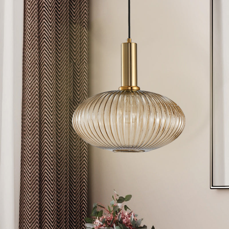 Modernist Black/Gold Pendant Lamp With Ribbed Glass - 1 Light Grey/Green/Amber Stylish Ceiling