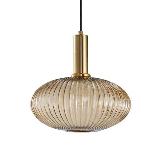 Modernist Black/Gold Pendant Lamp With Ribbed Glass - 1 Light Grey/Green/Amber Stylish Ceiling