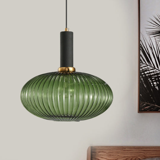 Modernist Black/Gold Pendant Lamp With Ribbed Glass - 1 Light Grey/Green/Amber Stylish Ceiling