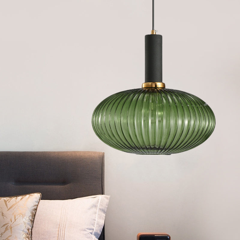 Modernist Black/Gold Pendant Lamp With Ribbed Glass - 1 Light Grey/Green/Amber Stylish Ceiling