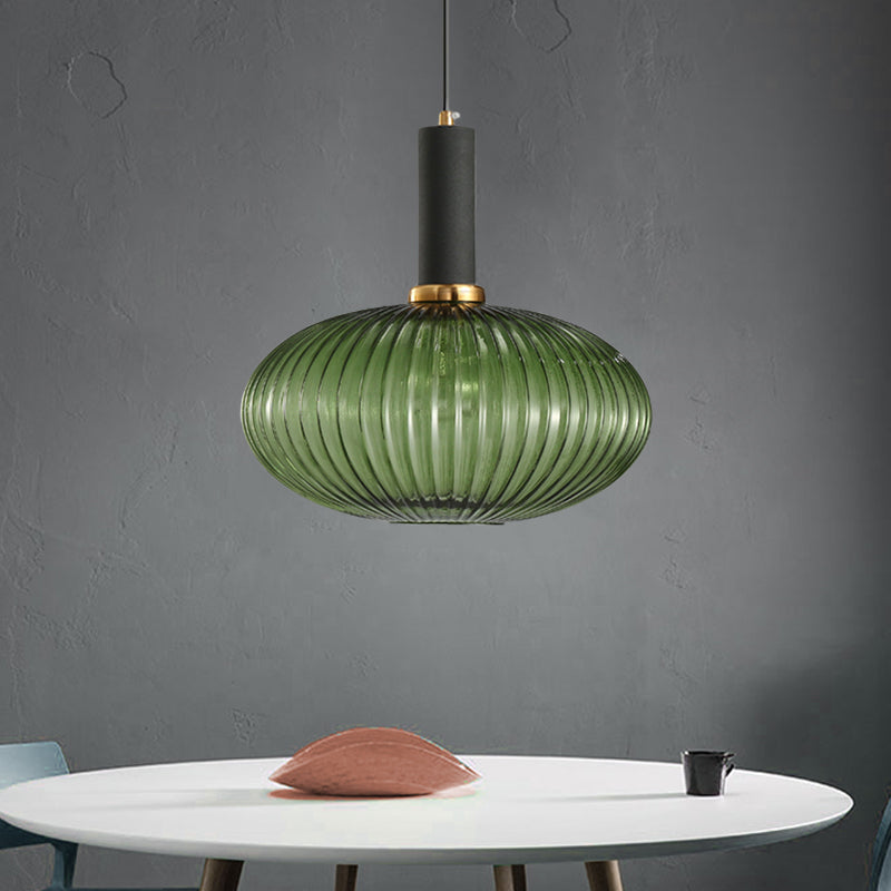 Modernist Black/Gold Pendant Lamp With Ribbed Glass - 1 Light Grey/Green/Amber Stylish Ceiling