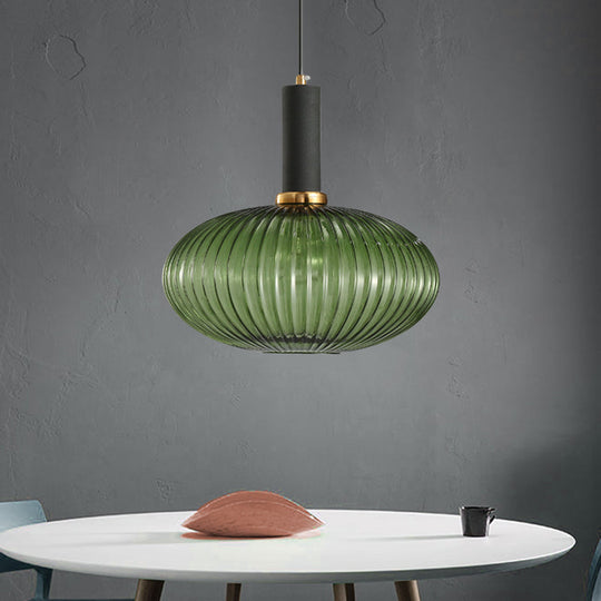 Modernist Black/Gold Pendant Lamp With Ribbed Glass - 1 Light Grey/Green/Amber Stylish Ceiling