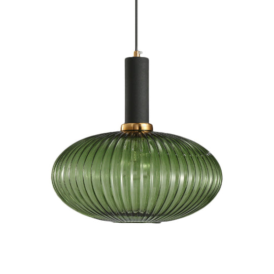 Modernist Black/Gold Pendant Lamp With Ribbed Glass - 1 Light Grey/Green/Amber Stylish Ceiling