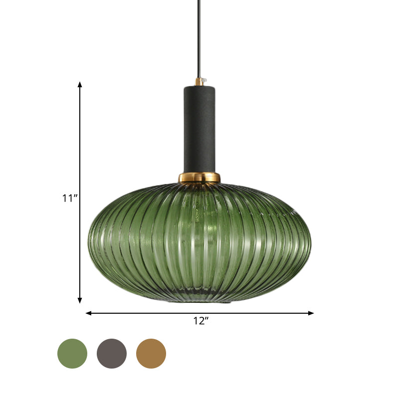 Modernist Black/Gold Pendant Lamp With Ribbed Glass - 1 Light Grey/Green/Amber Stylish Ceiling